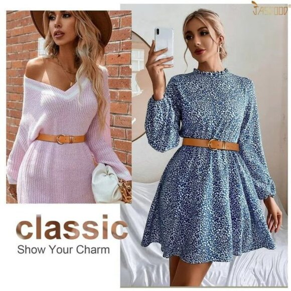 Women's Leather Belts for Jeans Pants Fashion Gold Buckle Ladies Dress Belt - Picture 7 of 16